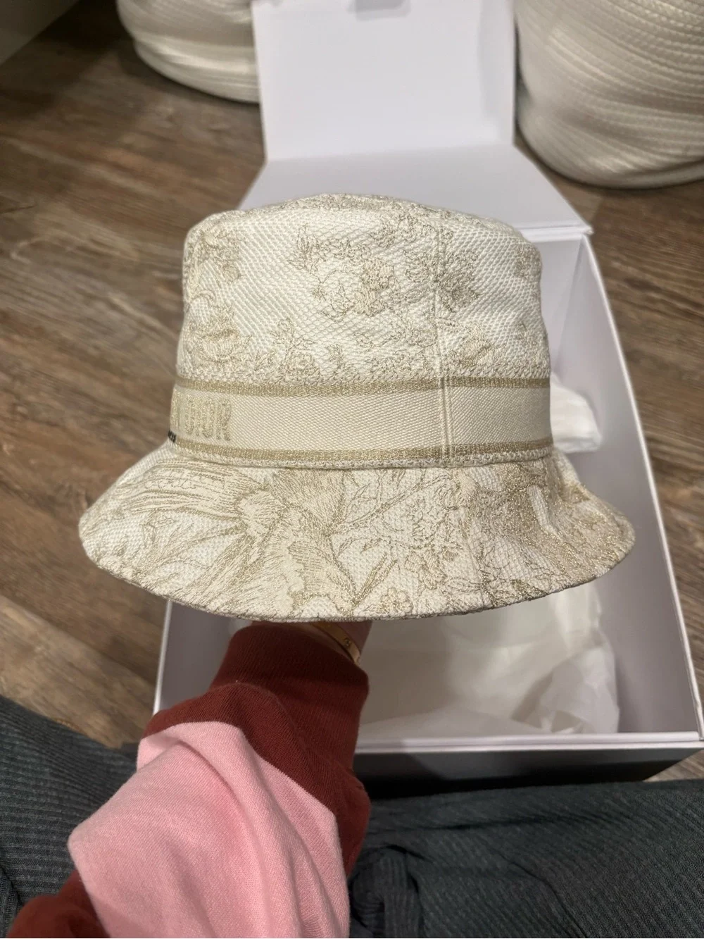 Dior Cream Toile de Jouy Embroidered Band Bucket Hat